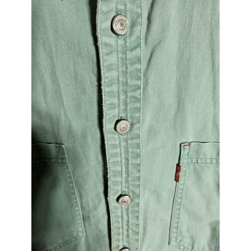 Vintage Levis Denim Button Up Shirt Mens Large Green Cotton Pockets Long Sleeve‎
